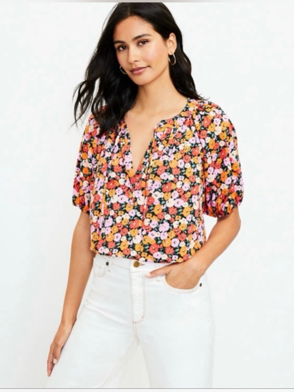 LOFT Multi Colored Floral Short Puff Sleeve Tie Neck Blouse Size Large